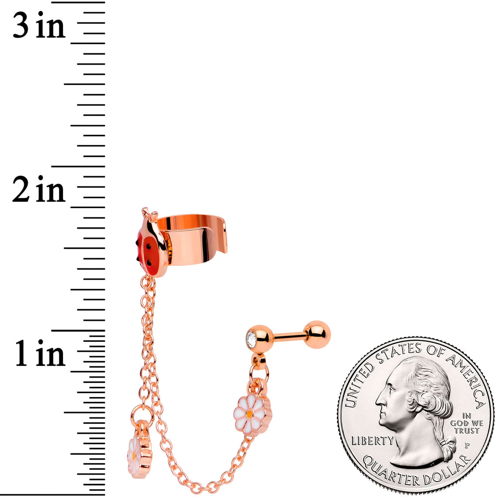 16G Rose Gold Tone Ladybug Flower Right Cuff Chain Cartilage Ring
