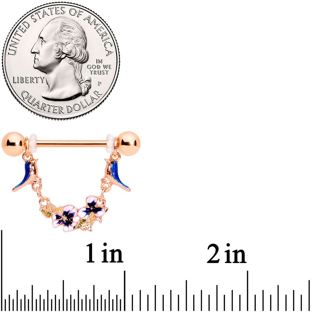 14G 9/16 Rose Gold Tone Bluebird Flower Dangle Nipple Ring Set
