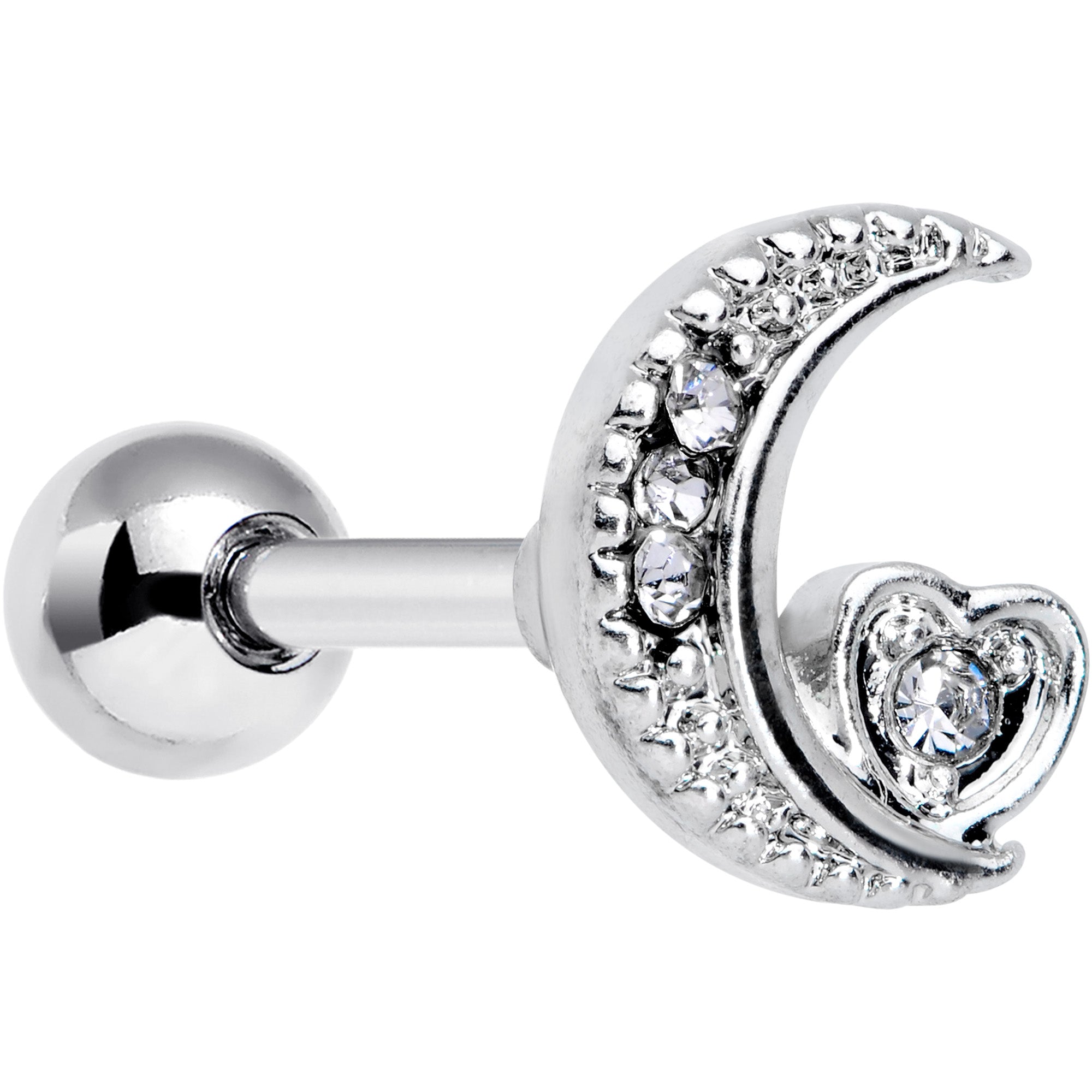 16G 1/4 Clear CZ Gem Moon Heart Cartilage Earring