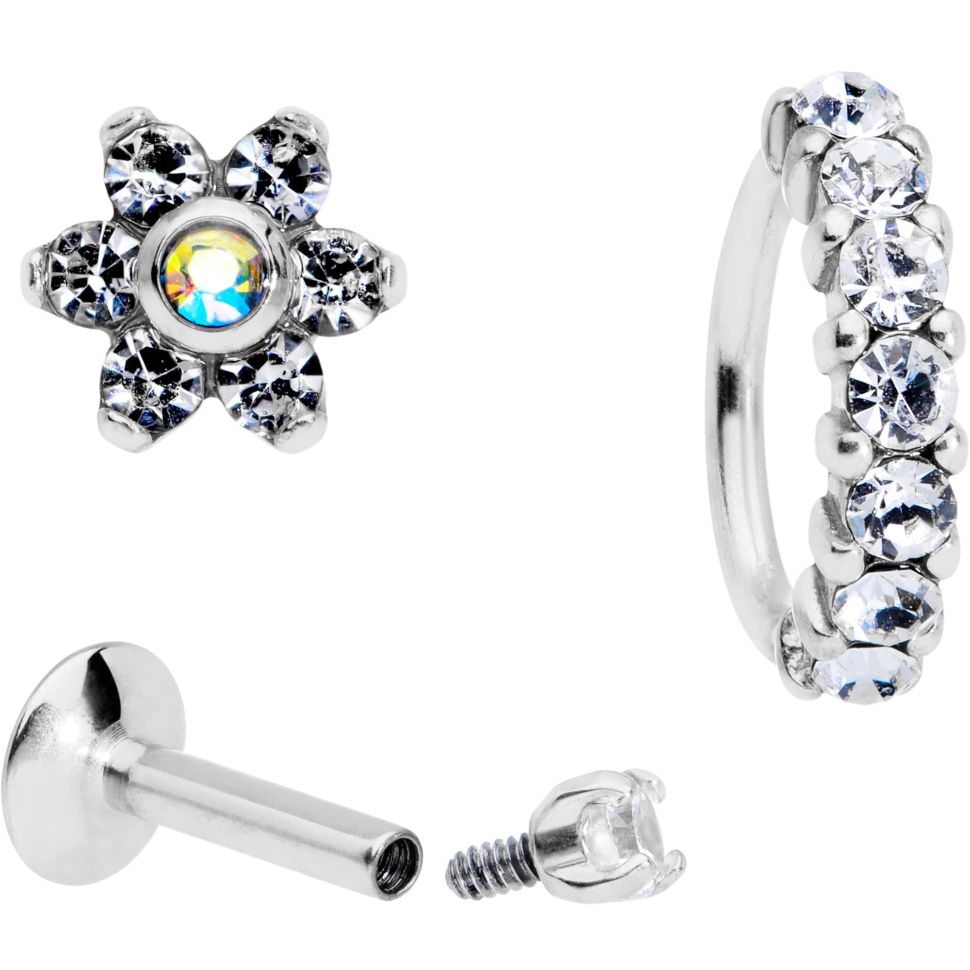 16G Clear CZ Gem Cartilage Labret Closure Ring Set of 3