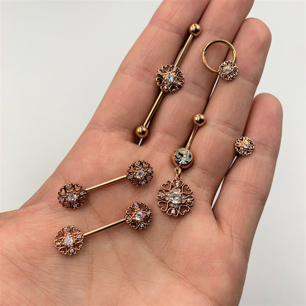 16G 3/8 Clear CZ Gem Rose Gold Tone Hearts Hinged Segment Ring