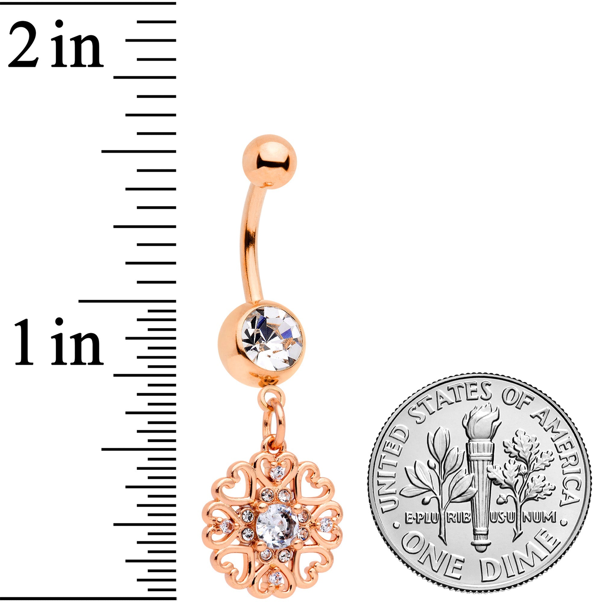 Clear CZ Gem Rose Gold Tone Hearts Dangle Belly Ring