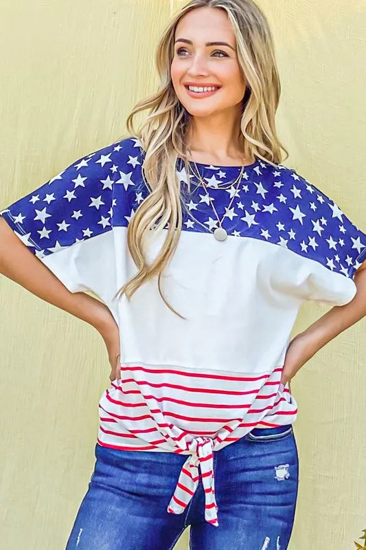 American Flag Print Tie Knot Front Casual Top