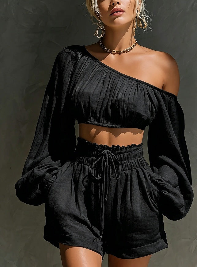 Women's One-Shoulder Ruched Crop Top & High-Waist Shorts Set also in Plus Sizes