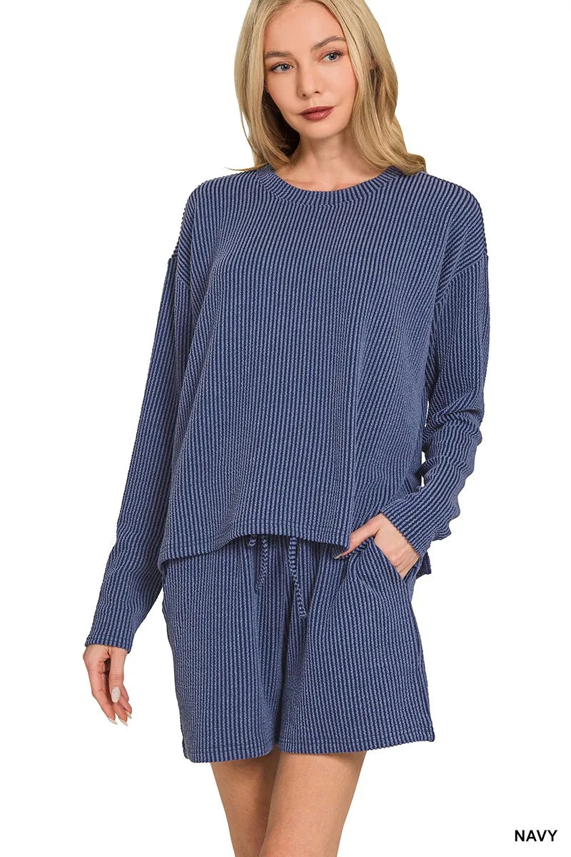 Zenana Corded Rib Long Sleeve Tee and Shorts Set