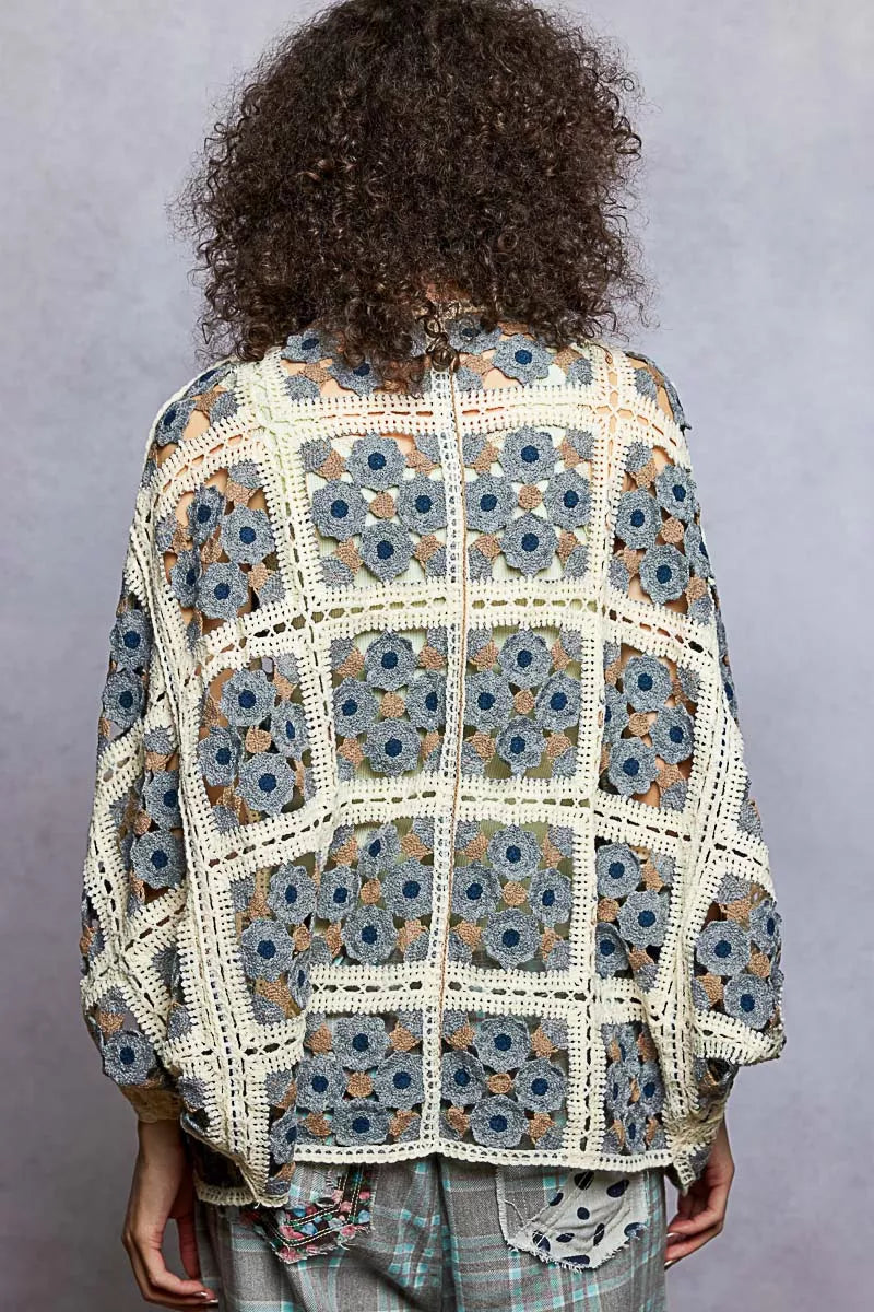 POL Open Front Floral Crochet Cardigan