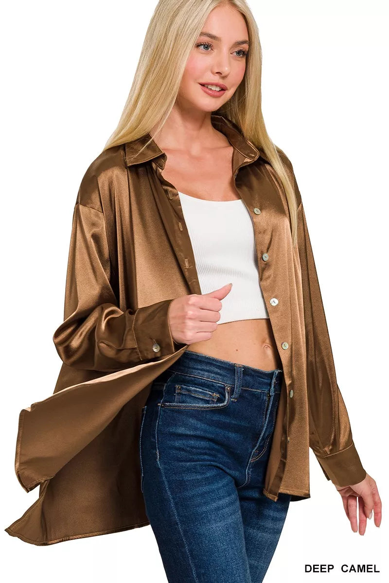 Satin Button Down Long Sleeve Shirt
