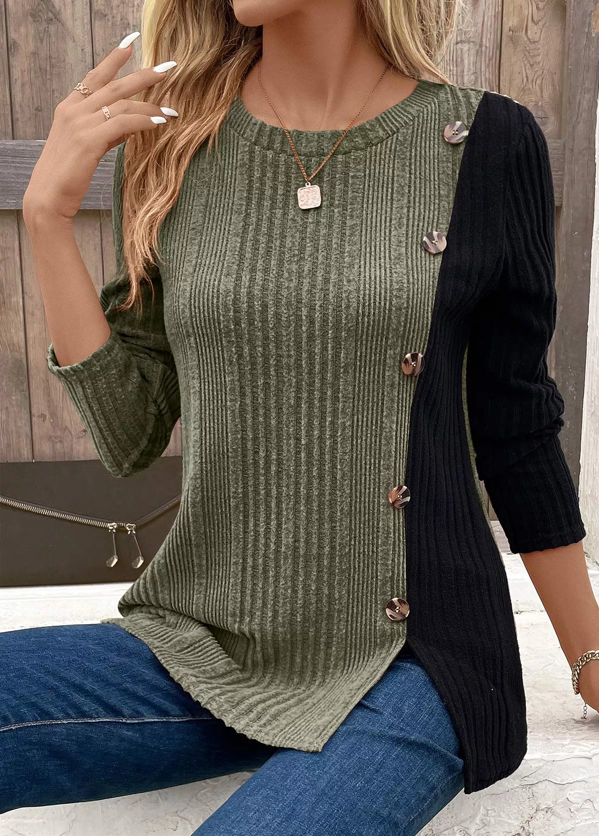 Color Block Ribbed Knit Decor Button T-Shirt