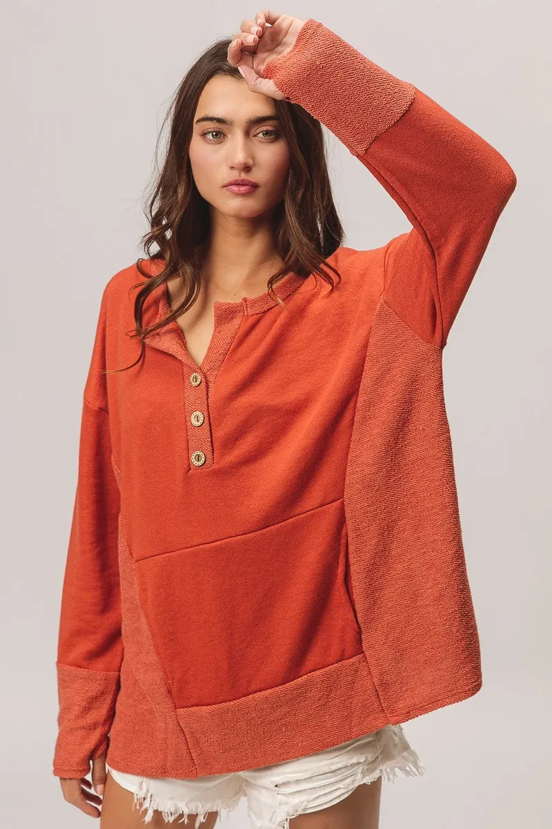 BiBi French Terry Knit Side Block Buttoned Henley Top