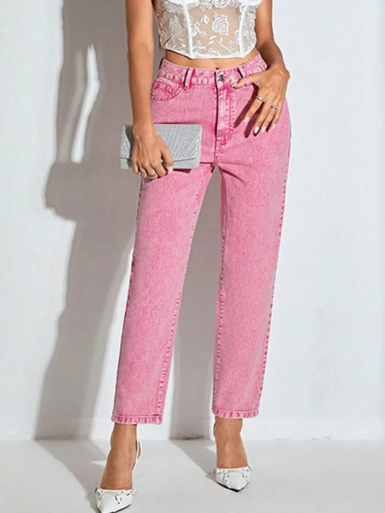 High-Waisted Wash Straight Leg Jeans