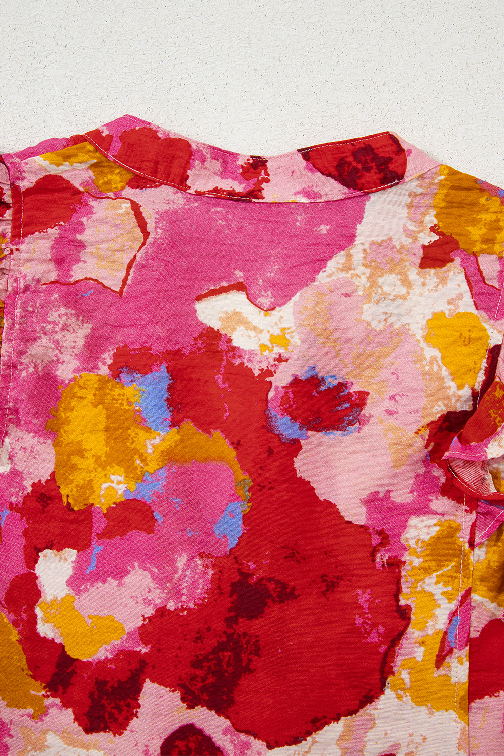 Red Abstract Print Split V Neck Ruffle Short Sleeve Blouse