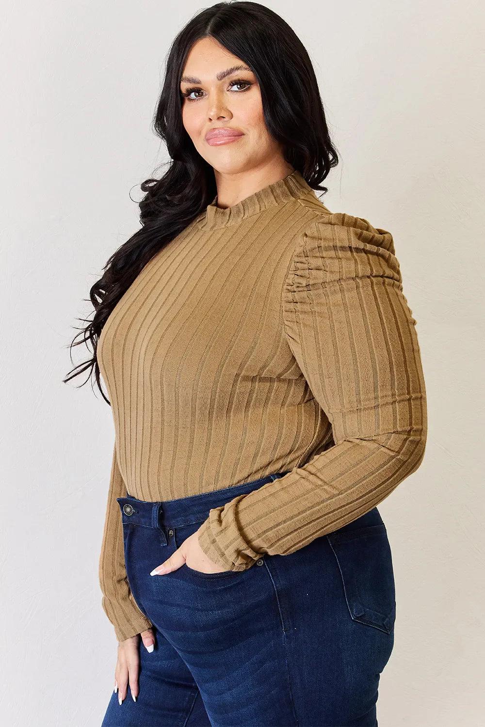 I am a Fashion junky Full Size Ribbed Mock Neck Puff Sleeve T-Shirt