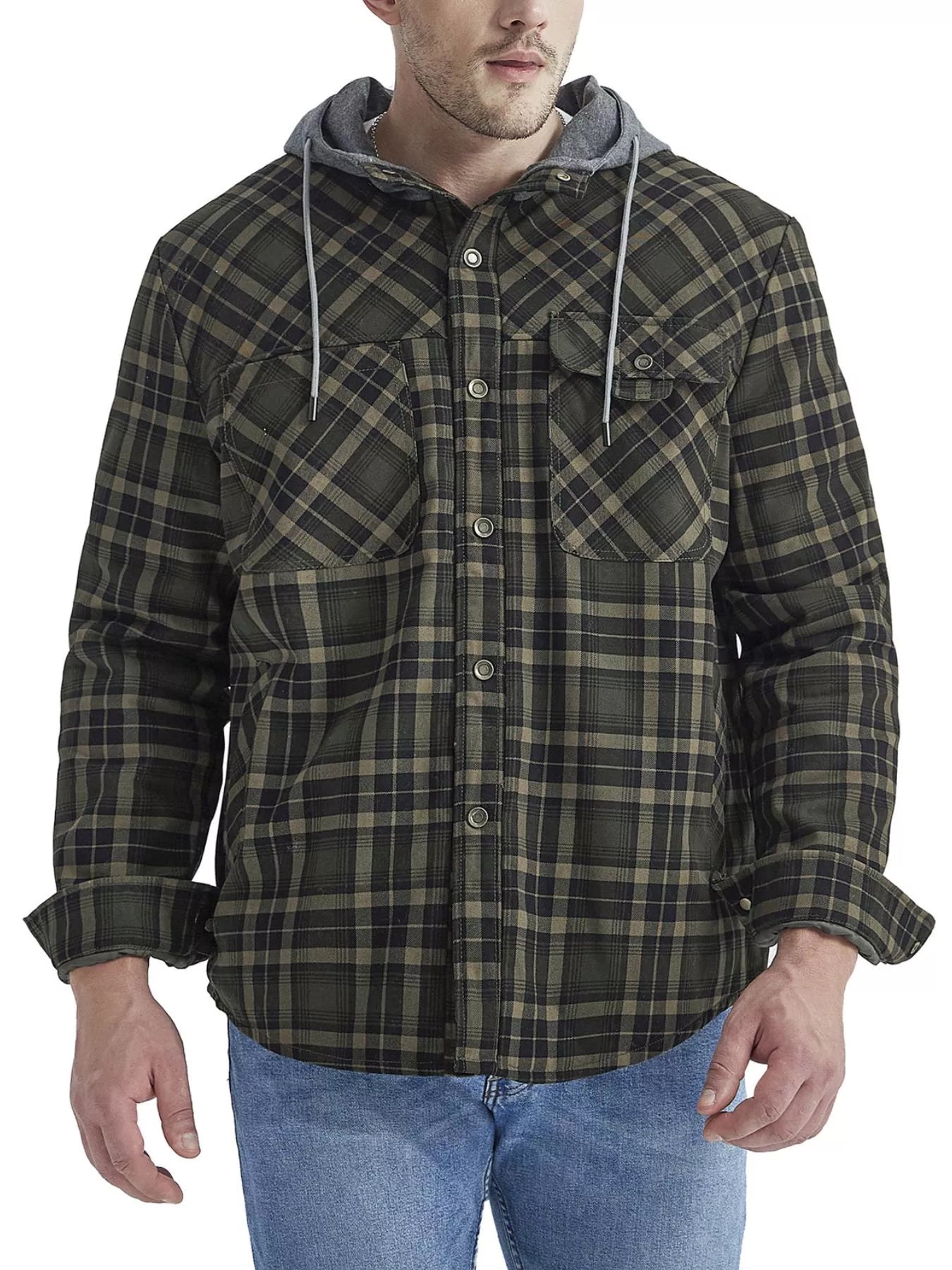 Men's Snap Down Hooded Plaid Shacket