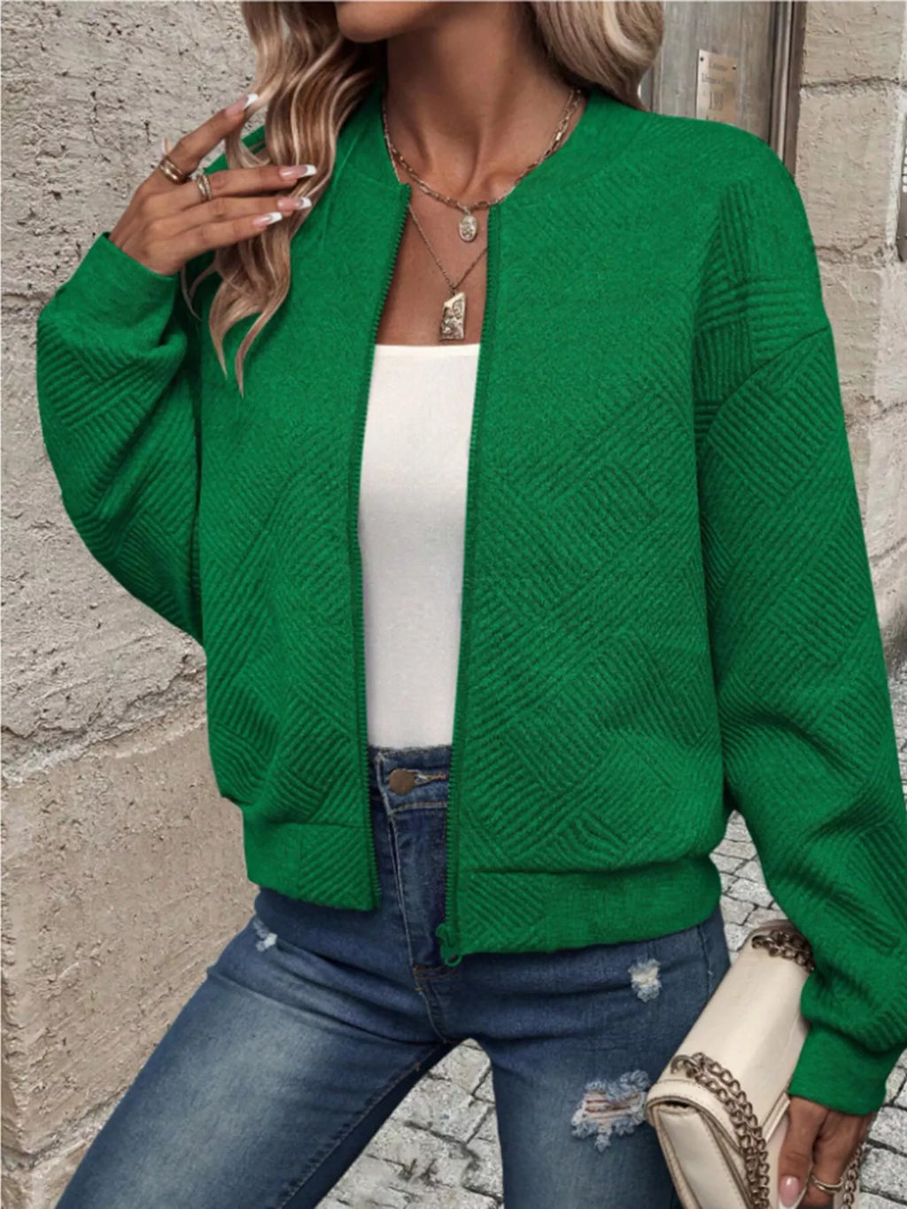Textured Knit Zip-Up Bomber Jacket