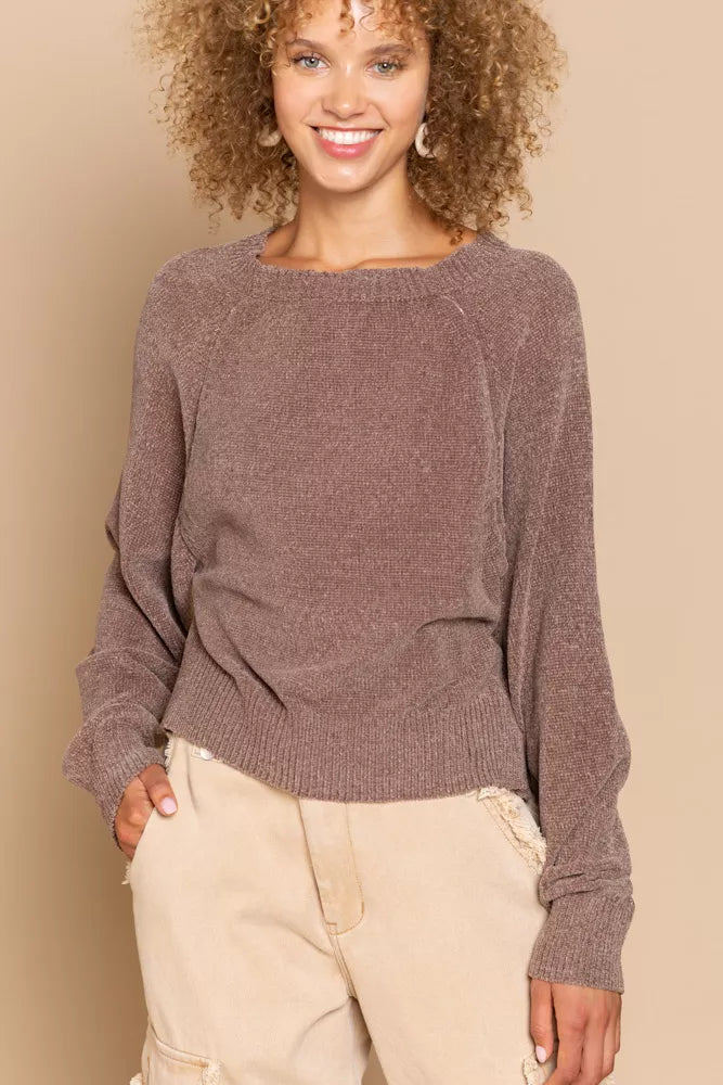 Round Neck Backless Sweater with Ribbed Edge