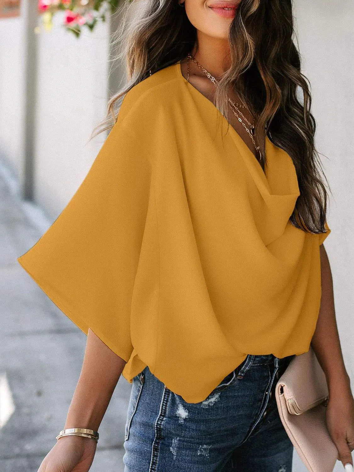 Full Size Ruched Three-Quarter Sleeve Blouse Plus Size