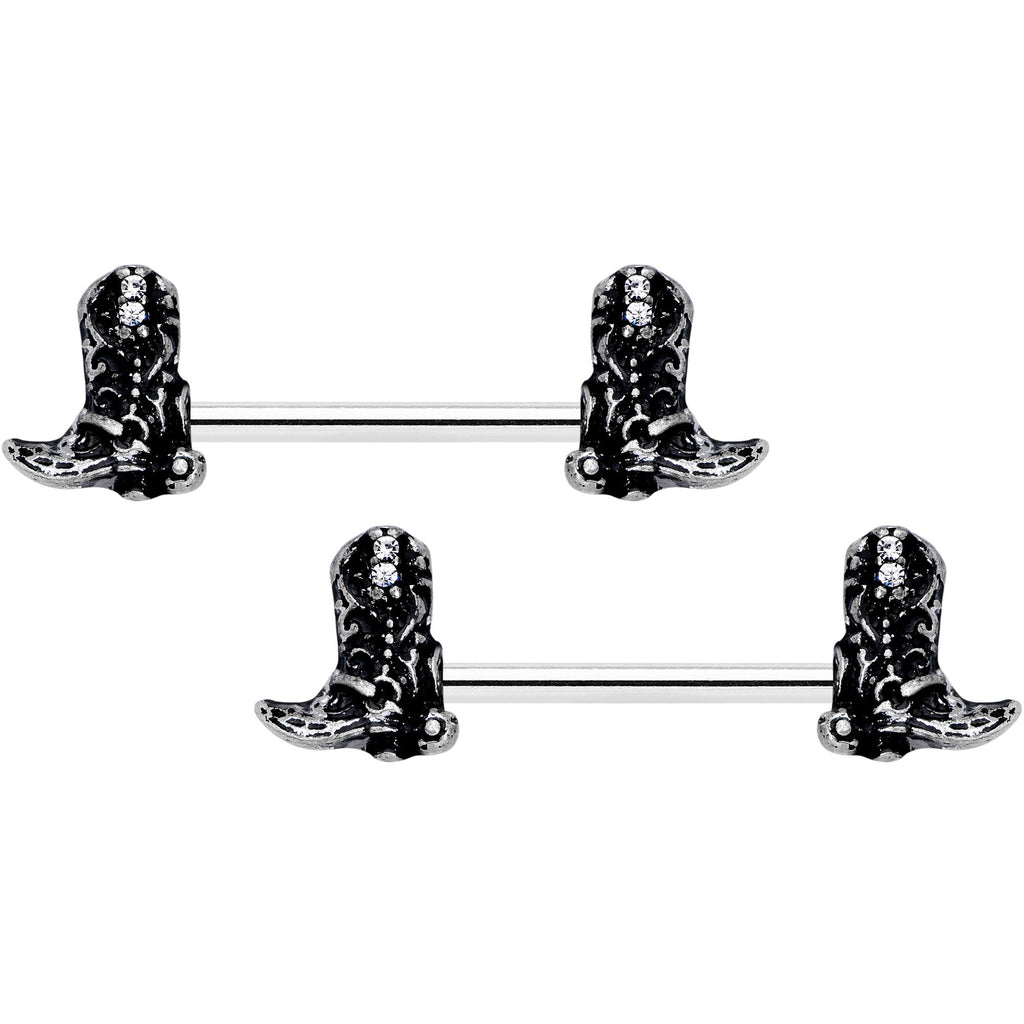 14G 9/16 Clear Gem Cowboy Boot Barbell Nipple Ring Set