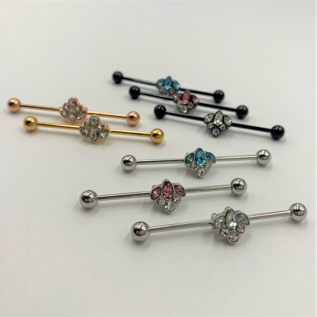 14G Clear Aqua Gem Black Anodized Classic Cluster Industrial Barbell 38mm