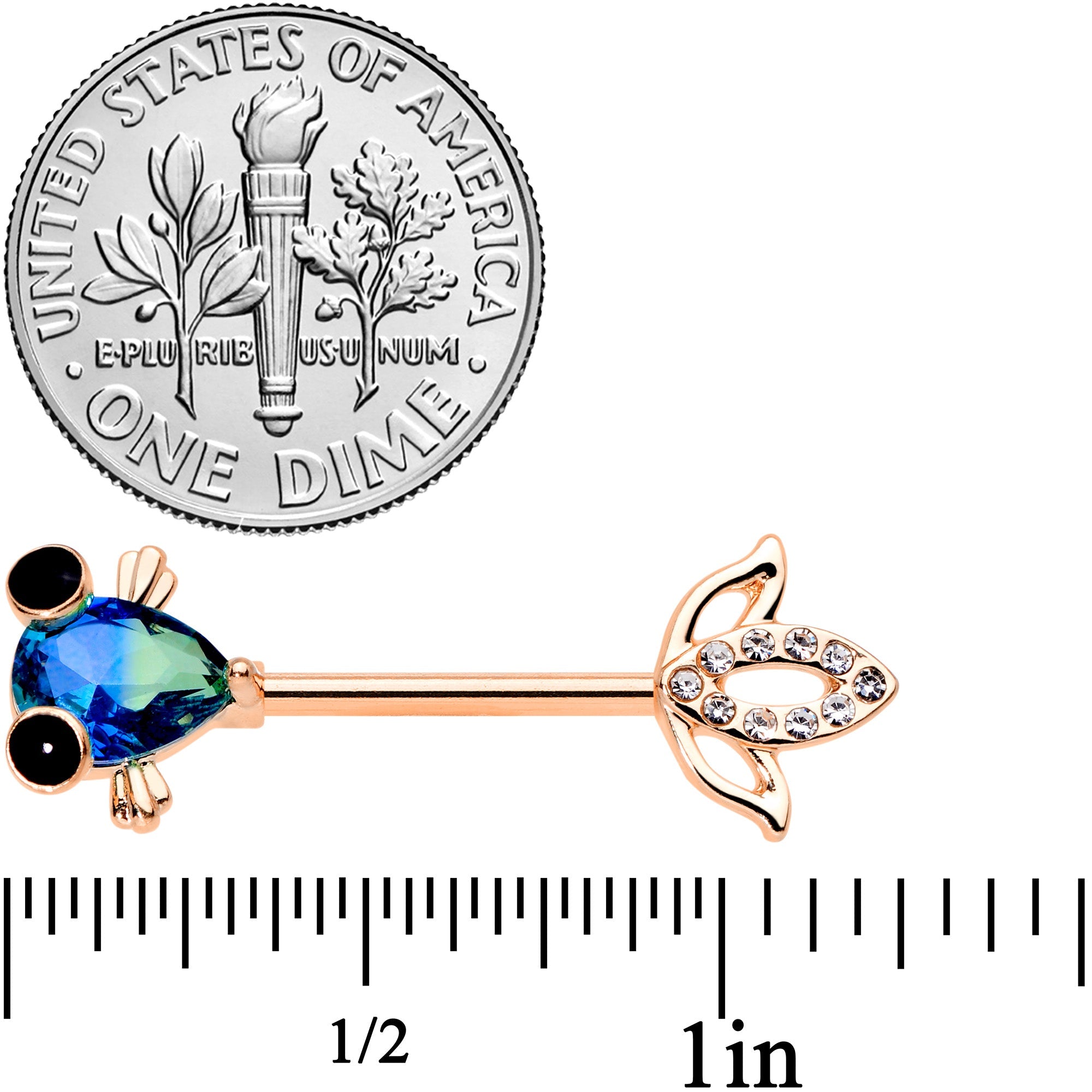 14G 9/16 Aqua Gem Rose Gold Tone Fish Barbell Nipple Ring Set