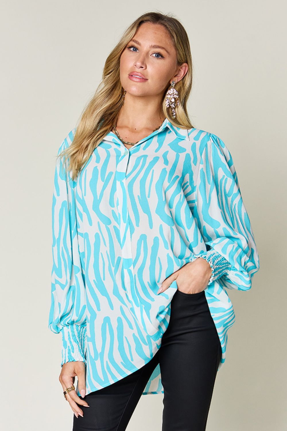 Smocked Long Sleeve Top with Alluring Print