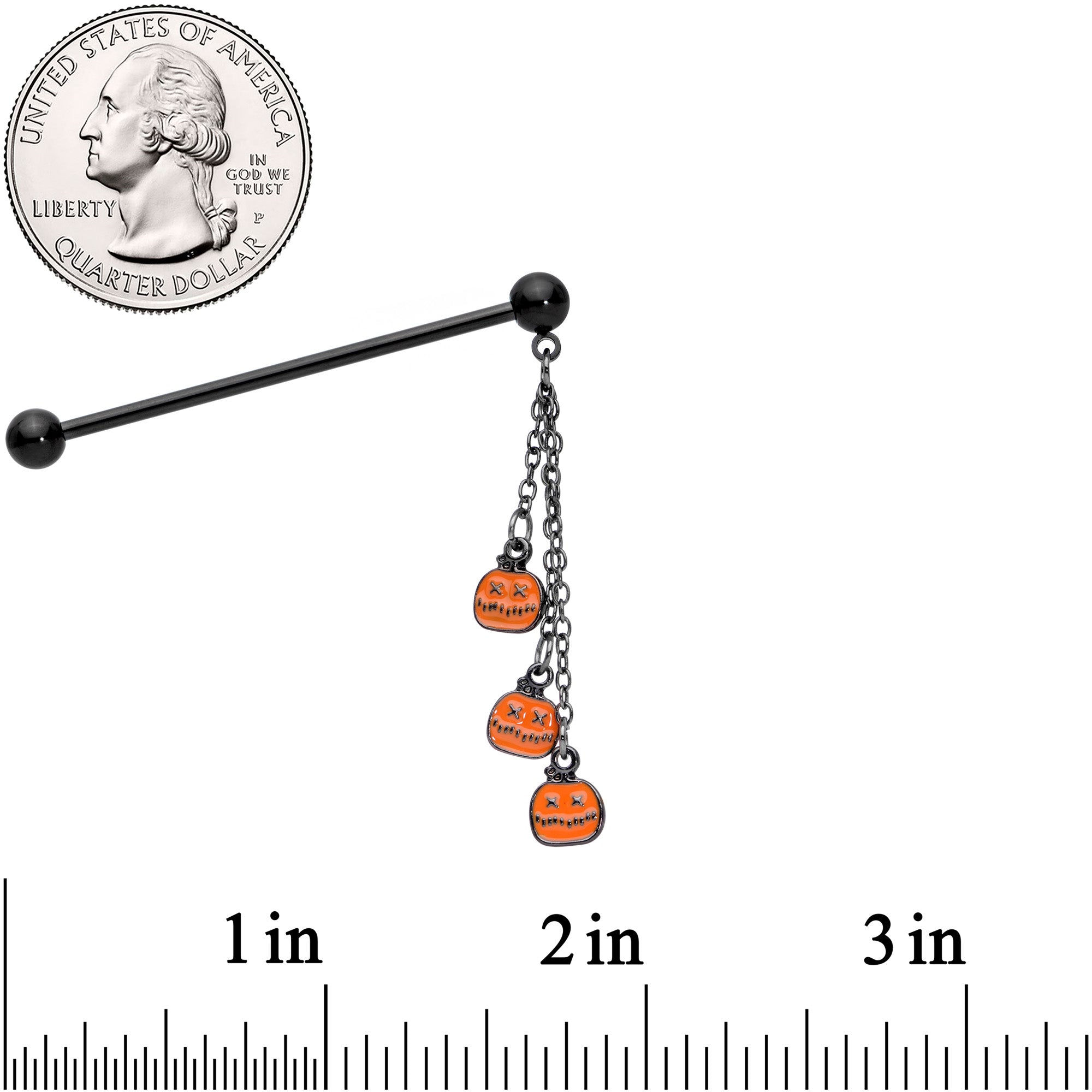 14G Black Halloween Pumpkin Chain Dangle Industrial Barbell 38mm