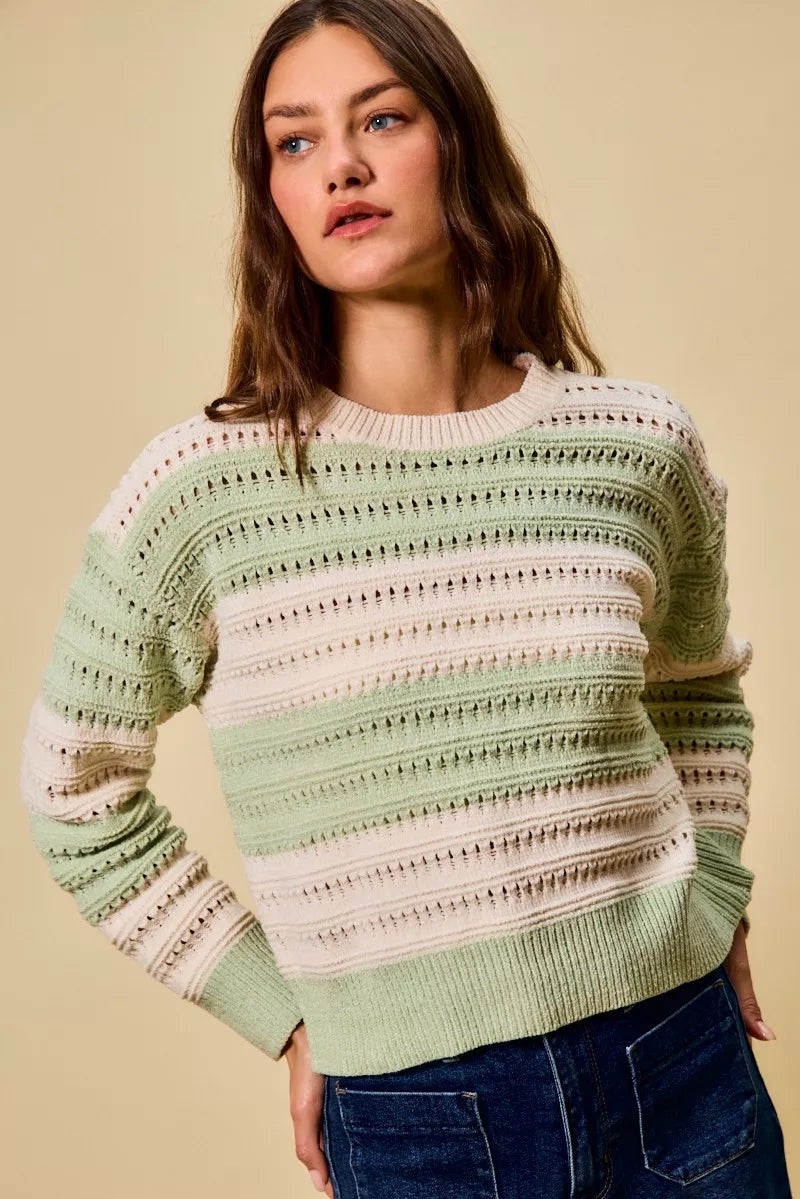 Openwork Round Neck Wide Stripe Textured Sweater