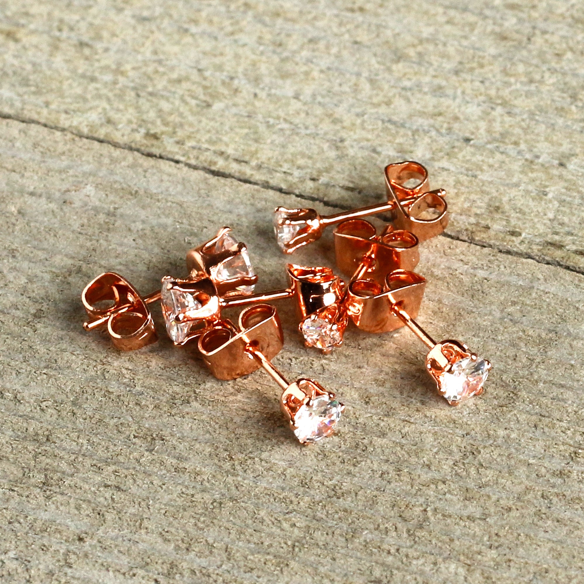 20G Clear CZ Gem Rose Gold Tone Post Stud Earring Set of 3