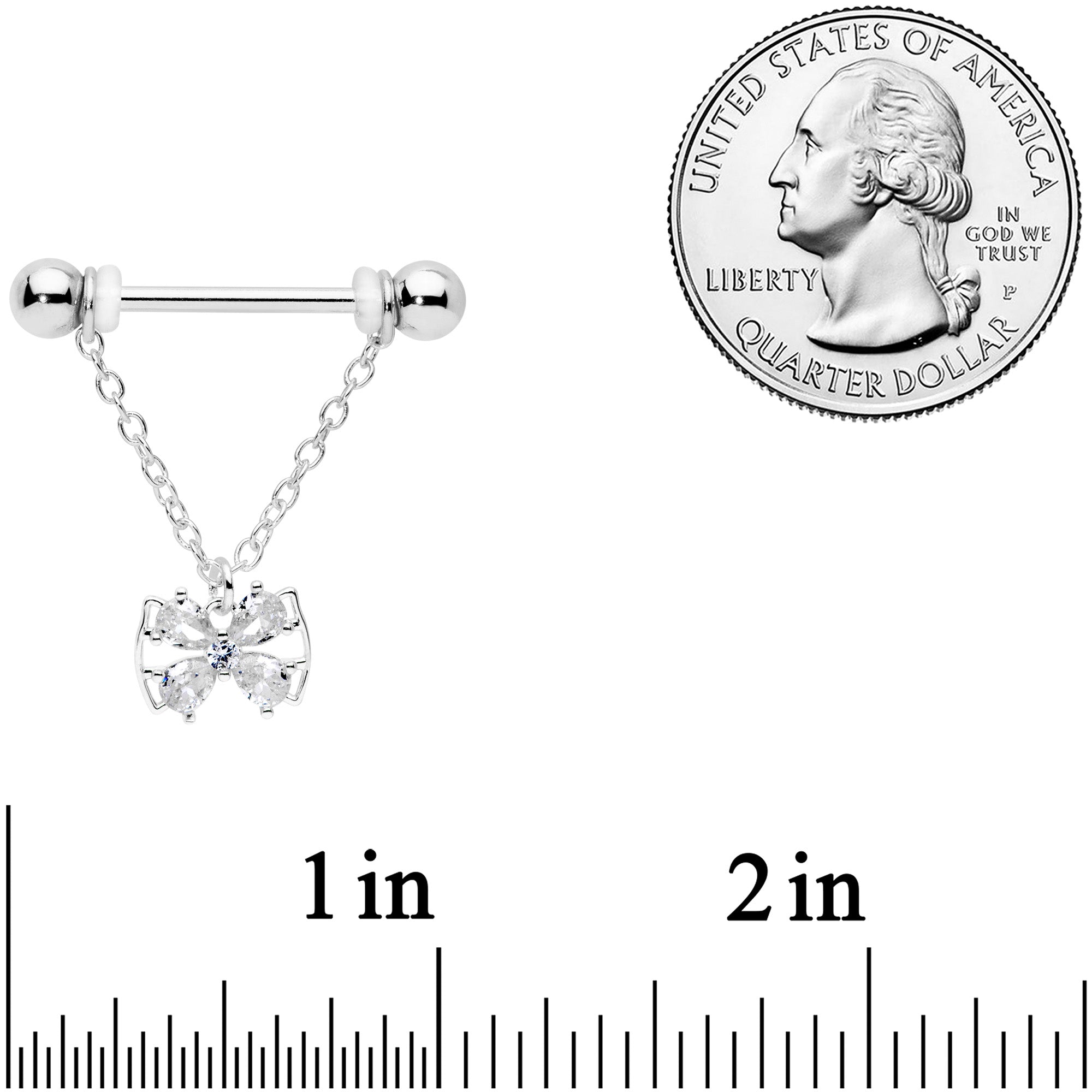 14G 11/16 Clear CZ Gem Beauty Bow Chain Dangle Nipple Ring Set