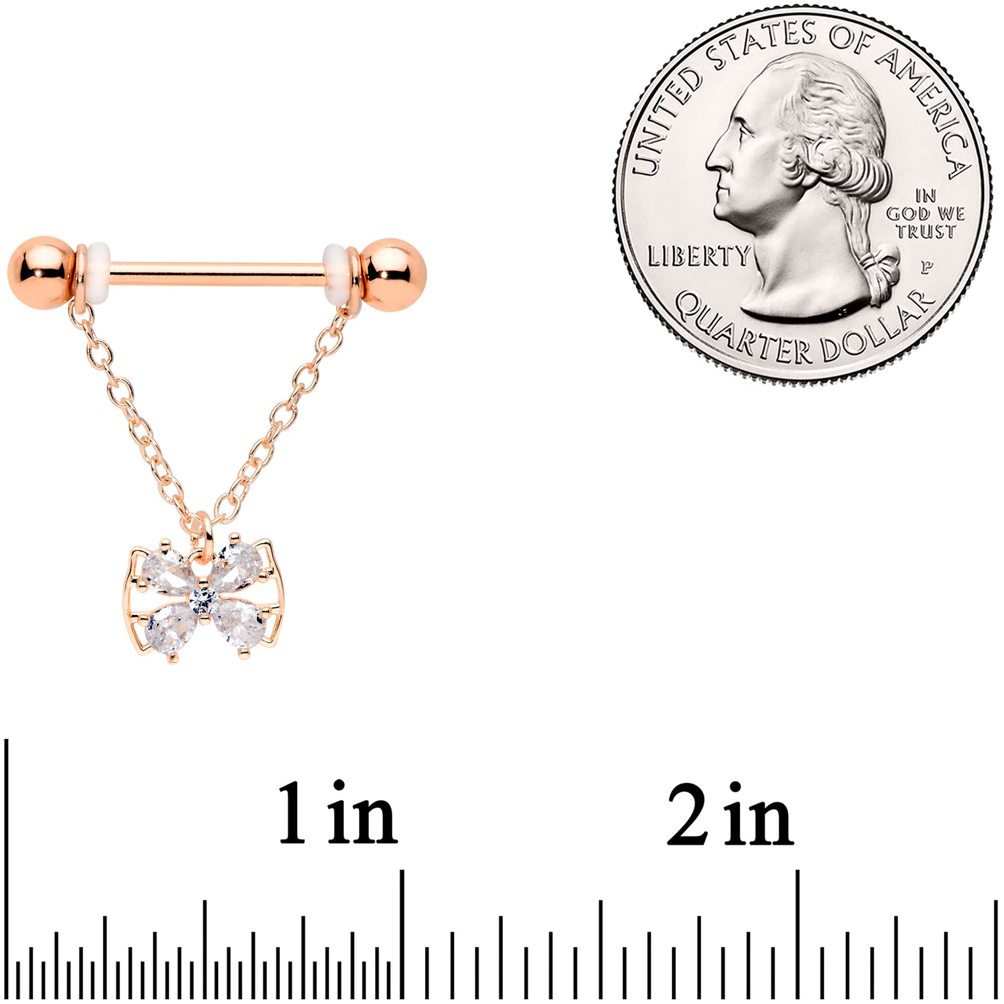 14G 11/16 Clear CZ Gem Rose Gold Hue Bow Chain Nipple Ring Set