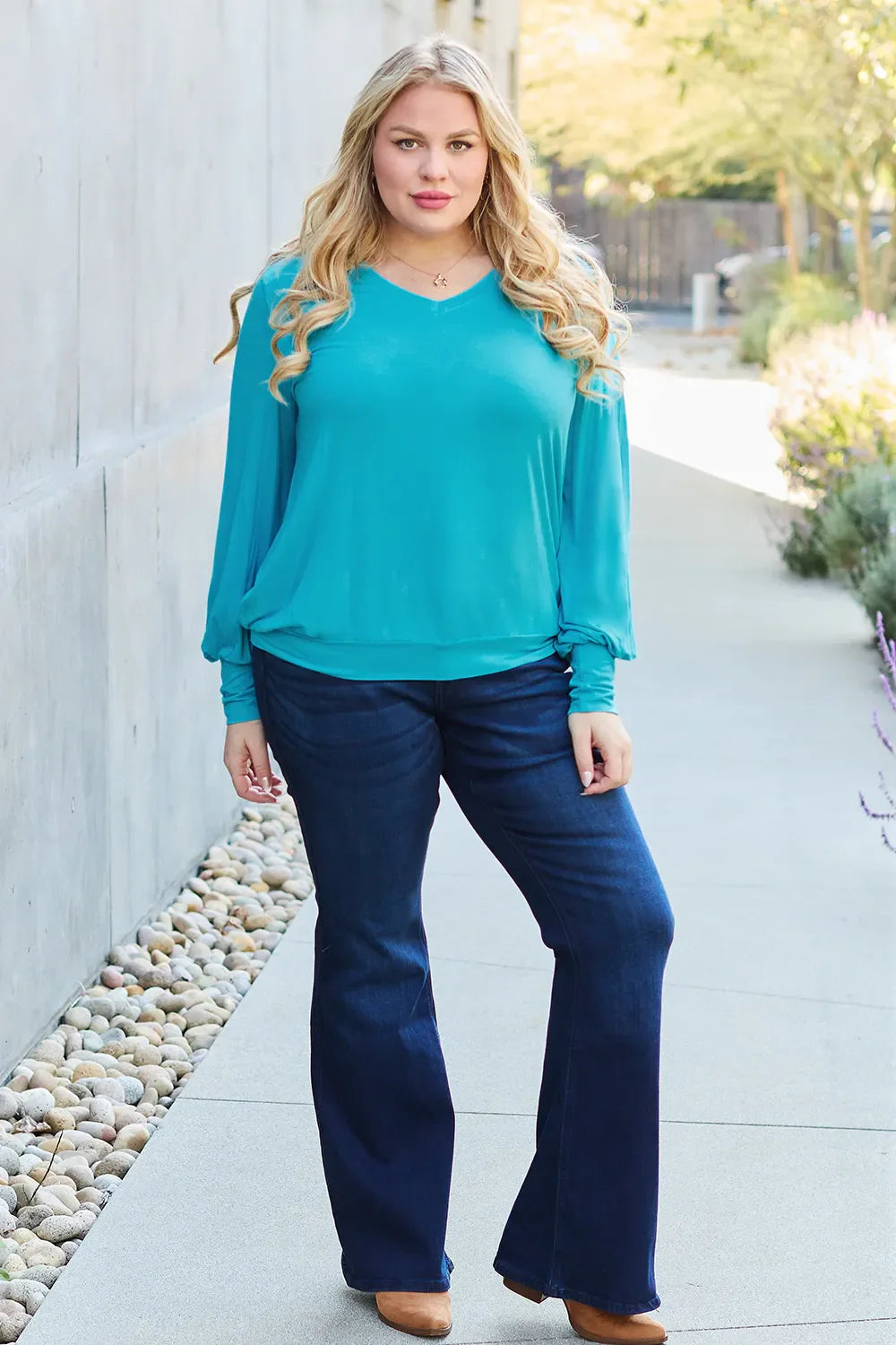 Full Size V-Neck Lantern Sleeve Top