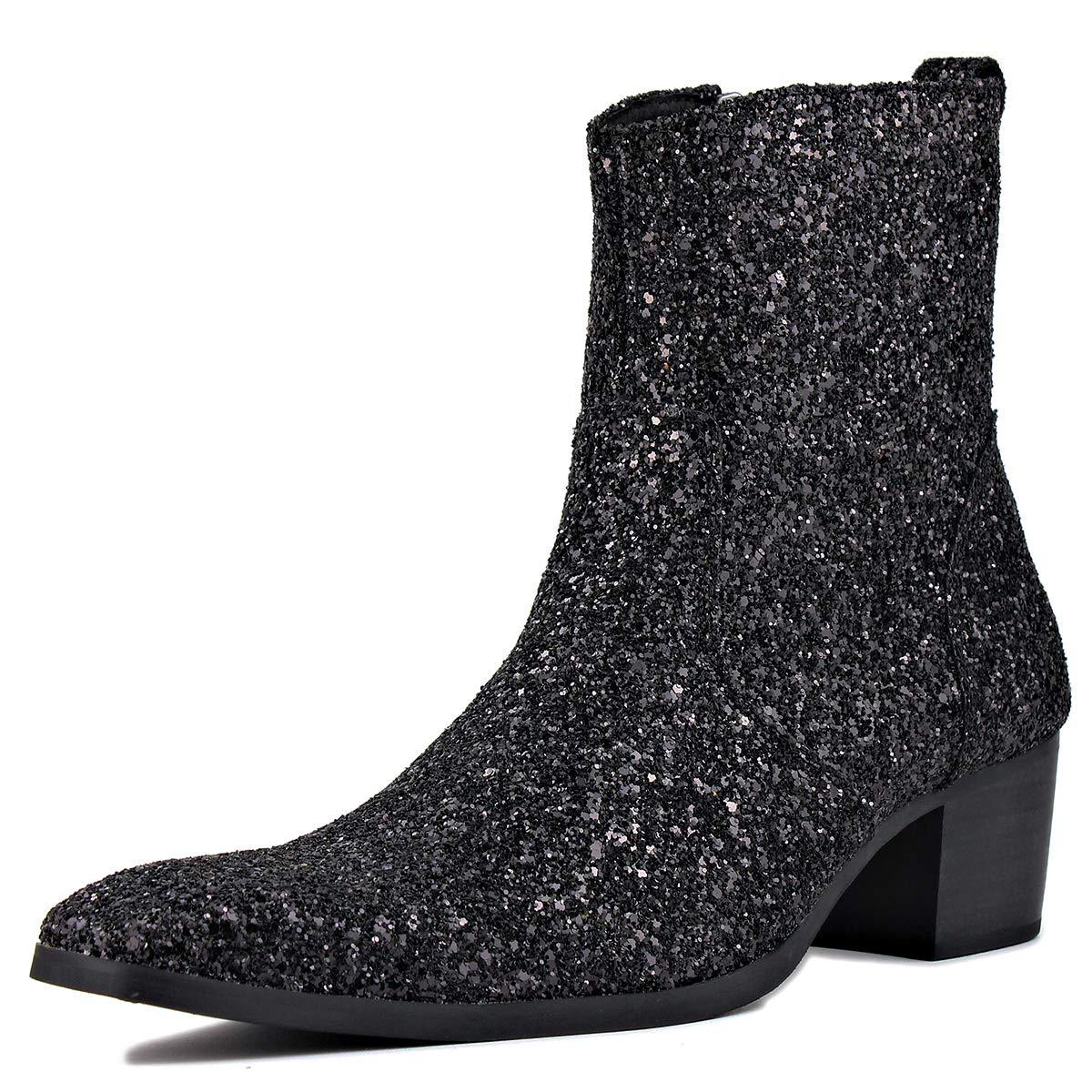 OSSTONE Dress Boot for Men Leather Glitter Chukka Designer Boots Casual Heel Shoes Zipper-up