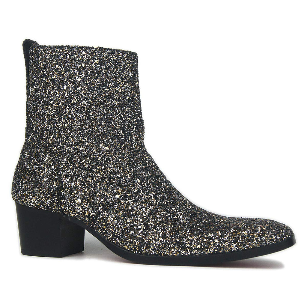 OSSTONE Dress Boot for Men Leather Glitter Chukka Designer Boots Casual Heel Shoes Zipper-up