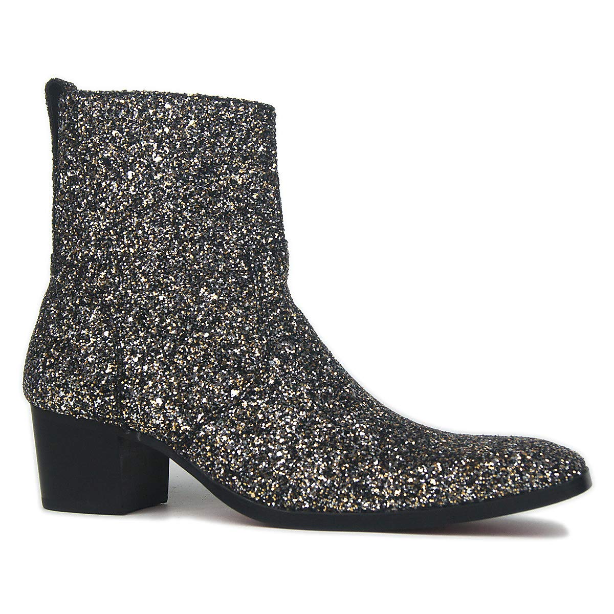 OSSTONE Dress Boot for Men Leather Glitter Chukka Designer Boots Casual Heel Shoes Zipper-up