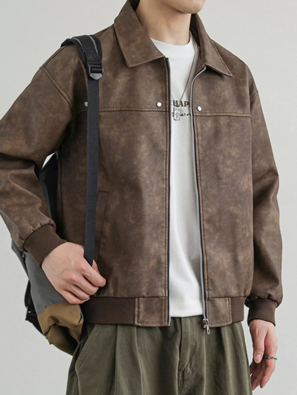 Men's Plus Size Zip Up Faux Leather Shacket