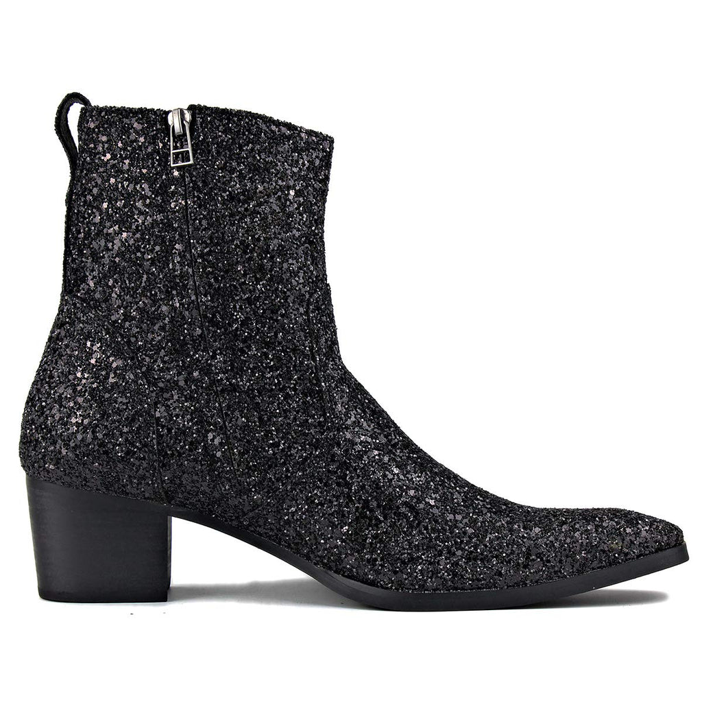 OSSTONE Dress Boot for Men Leather Glitter Chukka Designer Boots Casual Heel Shoes Zipper-up