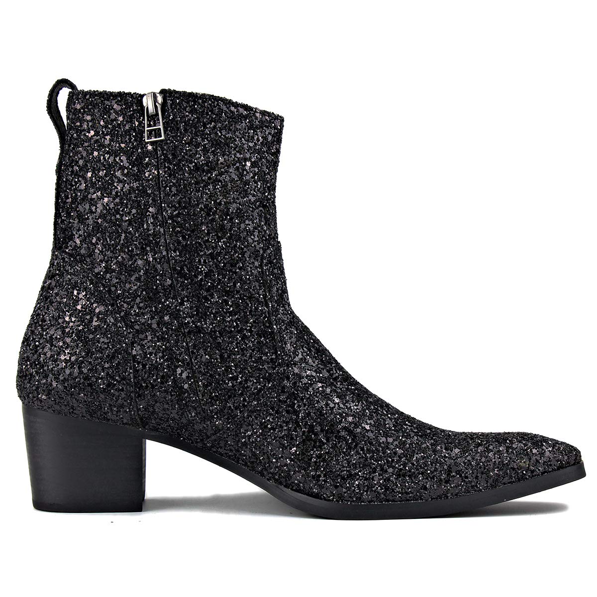 OSSTONE Dress Boot for Men Leather Glitter Chukka Designer Boots Casual Heel Shoes Zipper-up