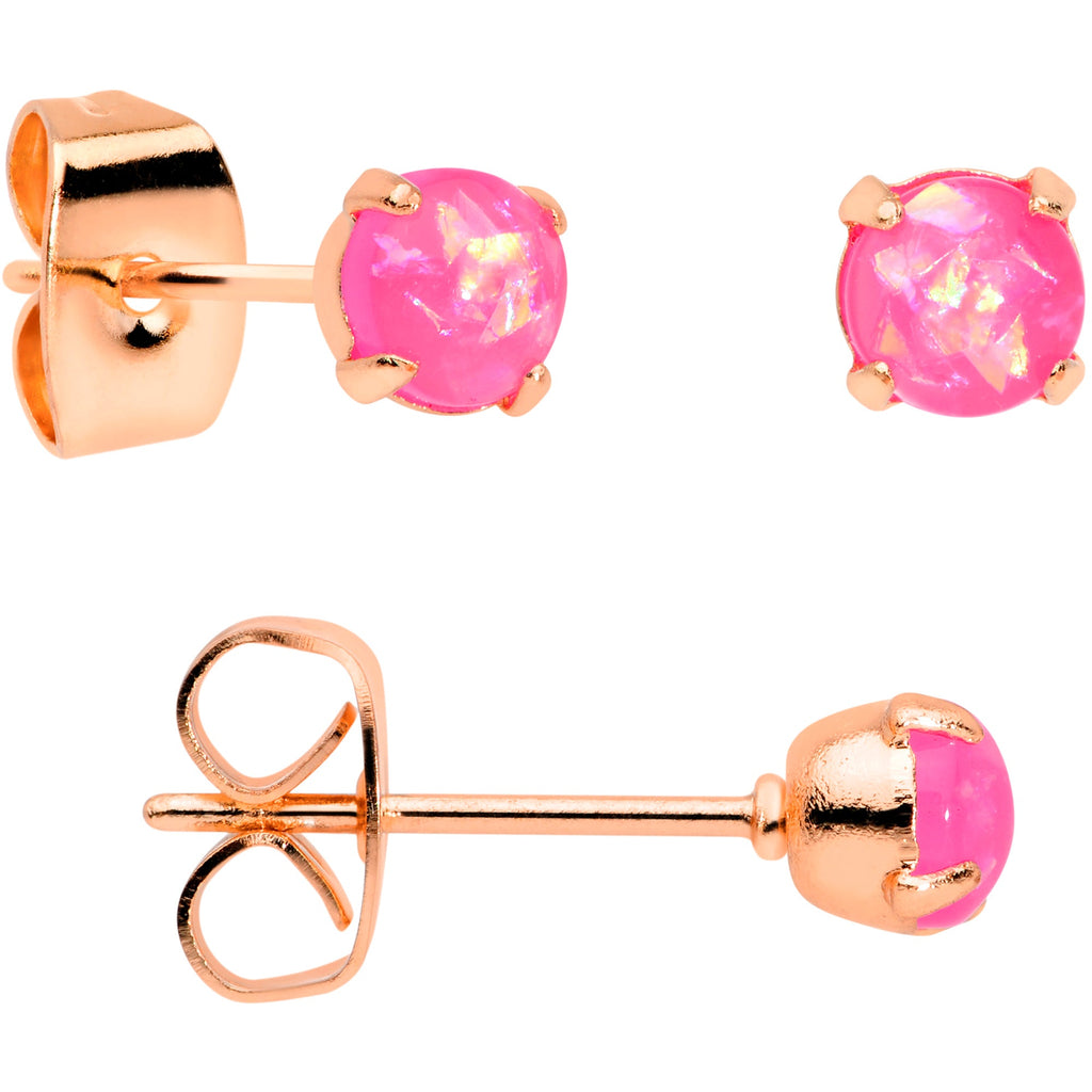 20G Pink Faux Opal Rose Gold Tone 3mm 5mm Stud Earrings Set of 3