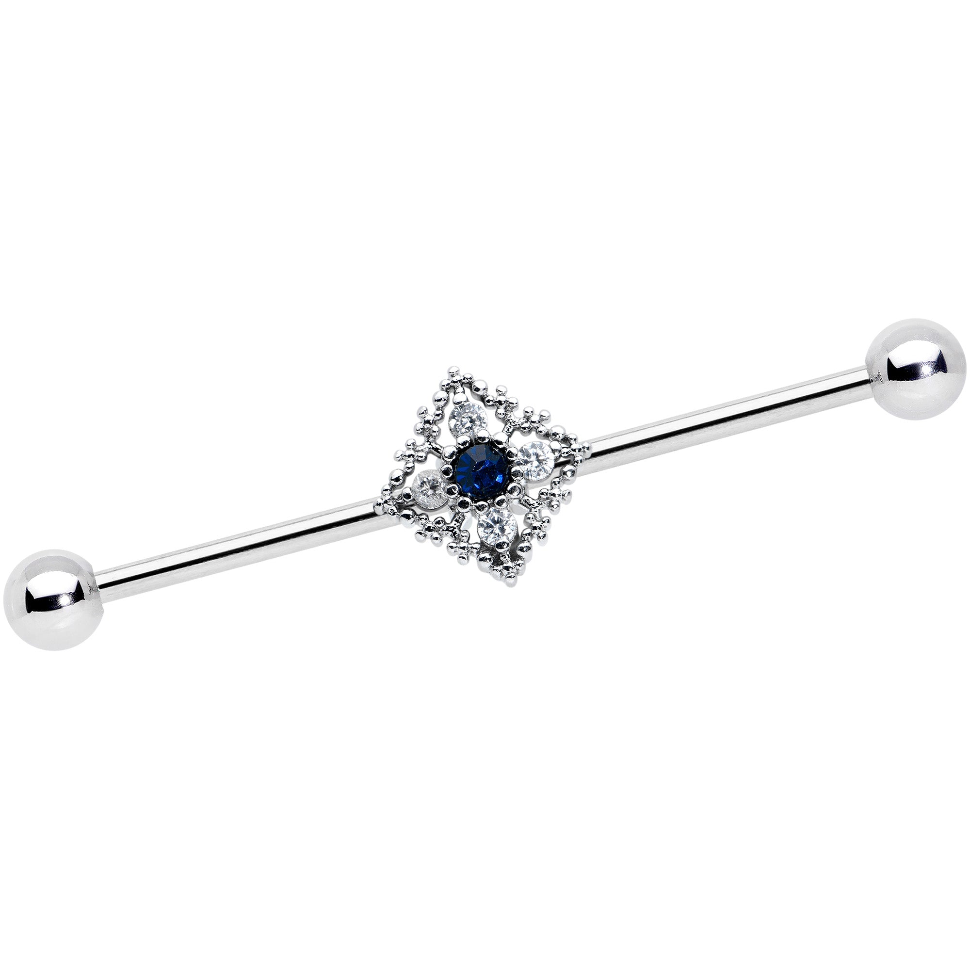 14G Clear Blue Gem Textured Rhombus Cross Industrial Barbell 38mm