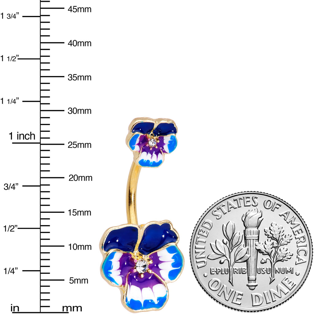 Clear Gem Gold Tone Blue Spring Flower Double Mount Belly Ring