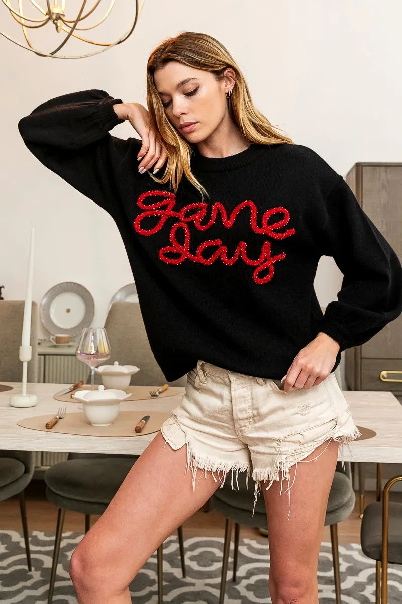 Game Day Metallic Letter Sweater