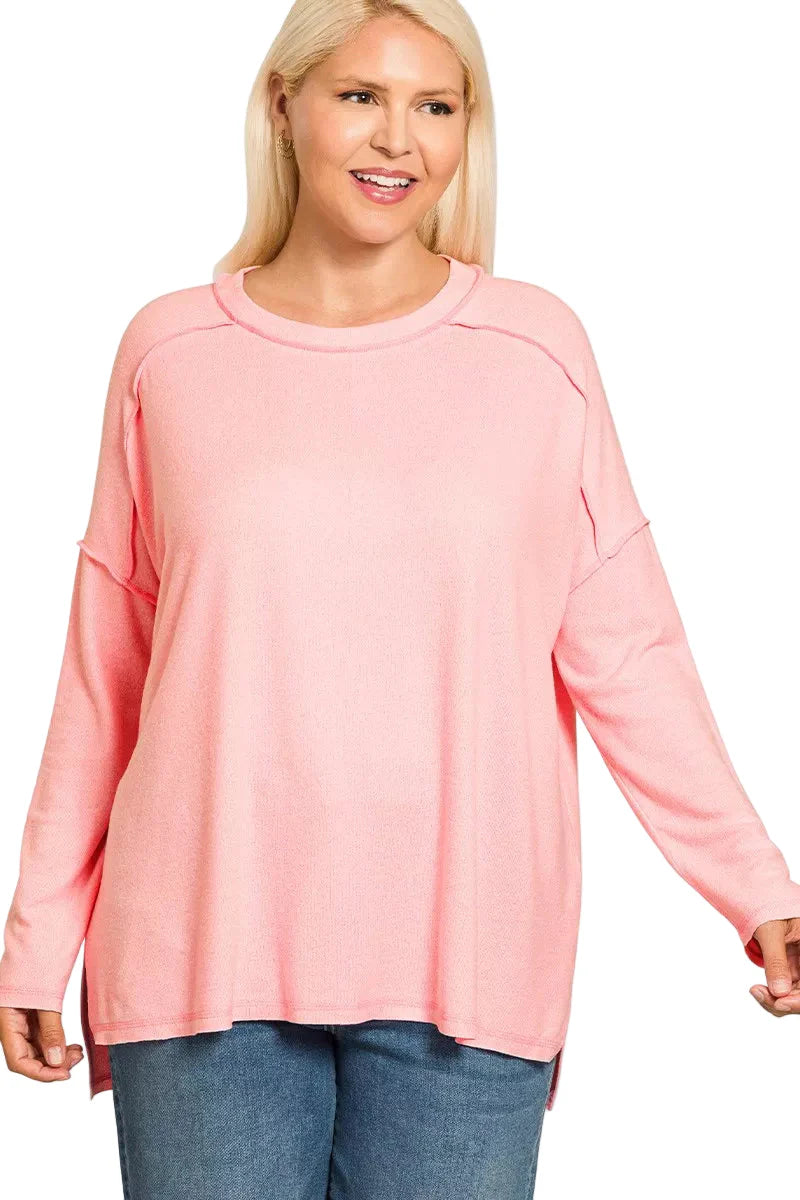 Zenana Full Size Melange Hacci Exposed Seam Hi-low Tee Plus Size