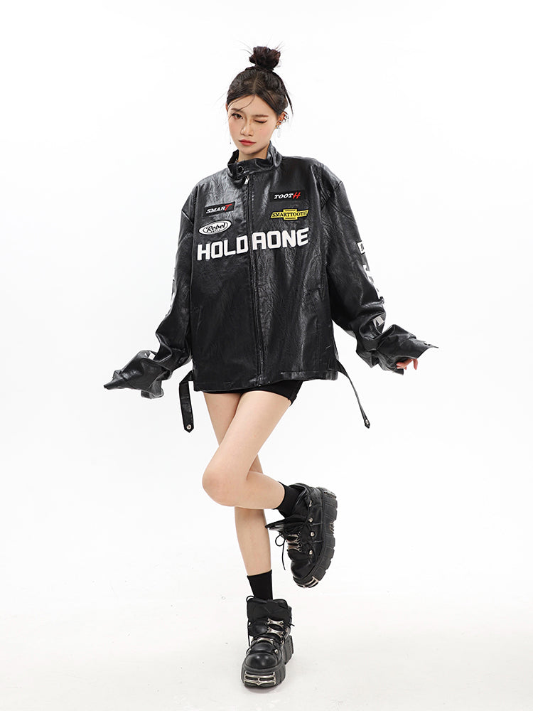 Women's Loose Letter Racing Motorcycle Jacket See size chart under “more details”
