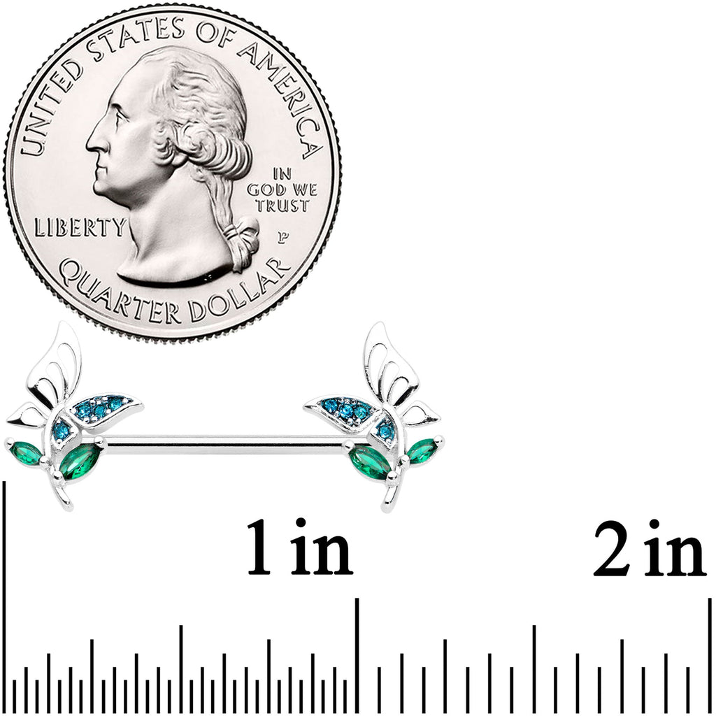 14G 9/16 Blue Green Gem Floral Butterfly Nipple Ring Set