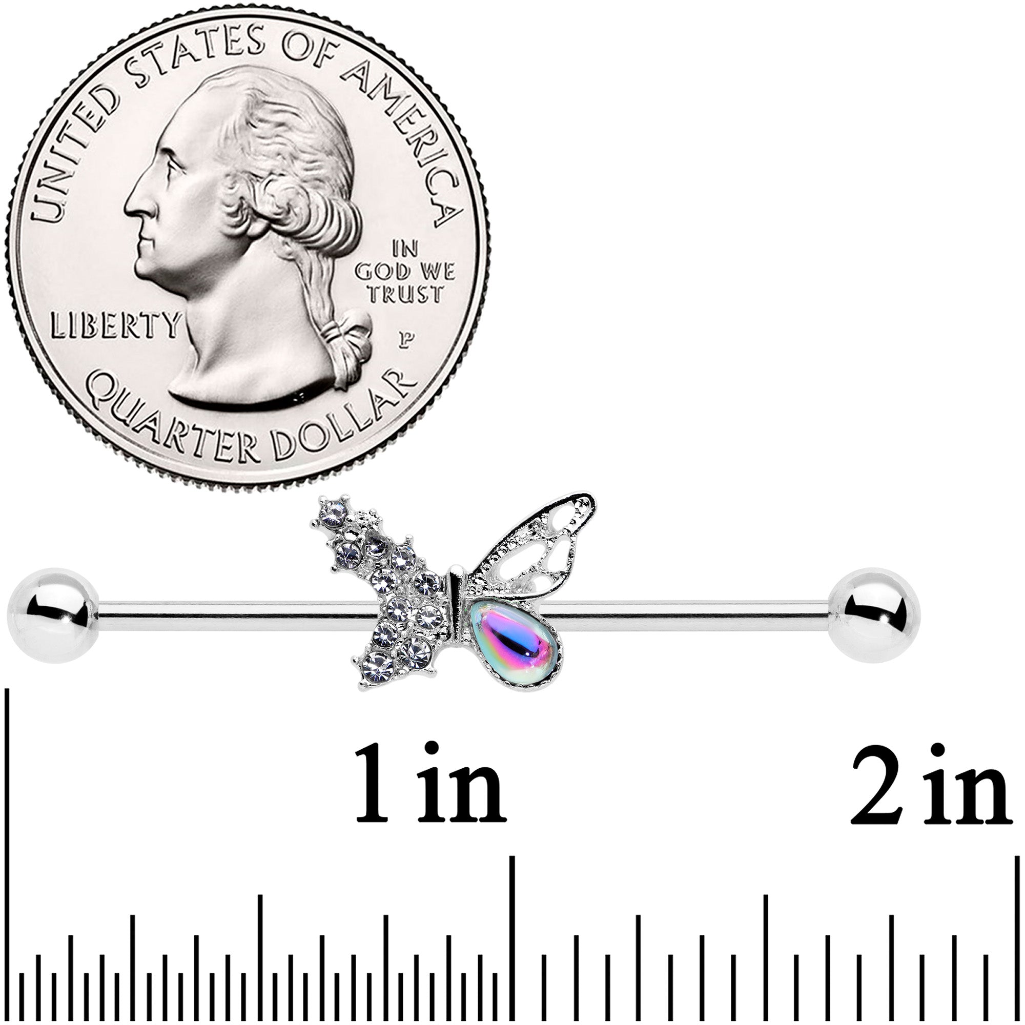 14G Clear Aurora Gem Super Glam Butterfly Industrial Barbell 38mm