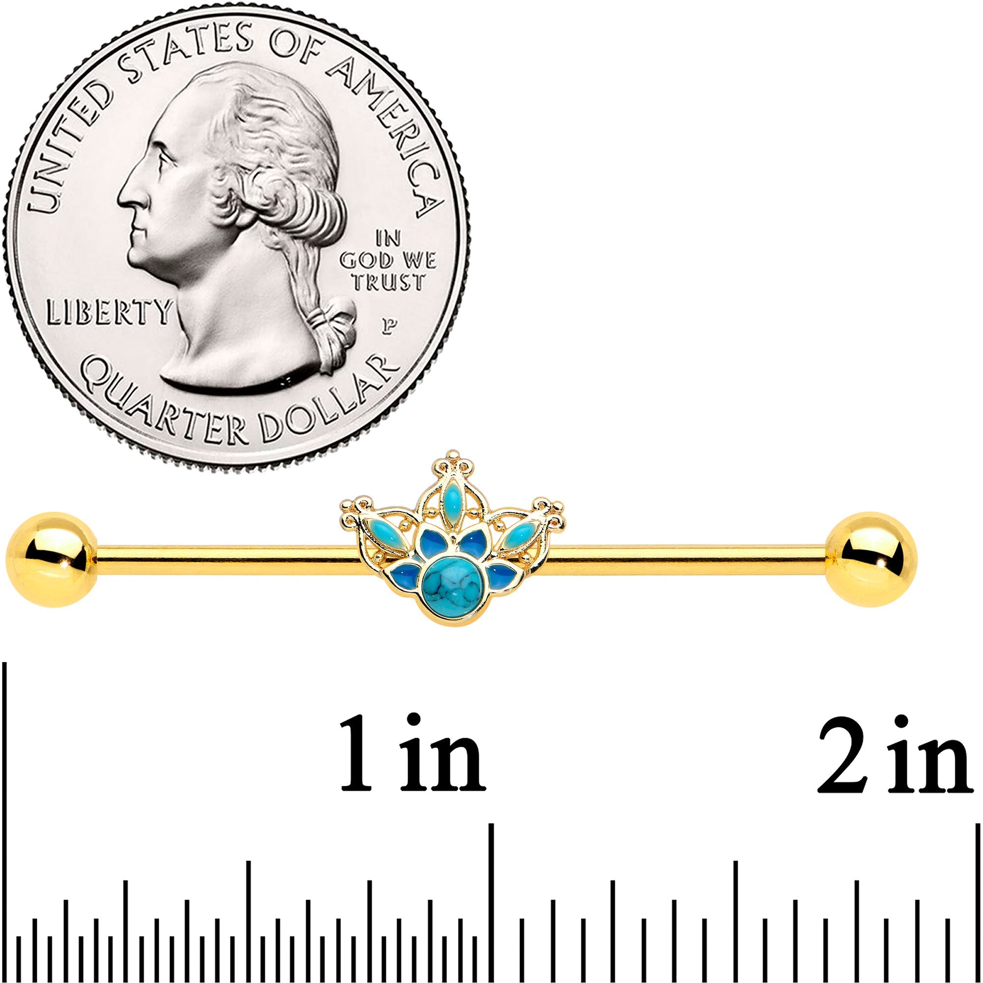 14G Turquoise Gold Tone Opulent Bloom Industrial Barbell 38mm