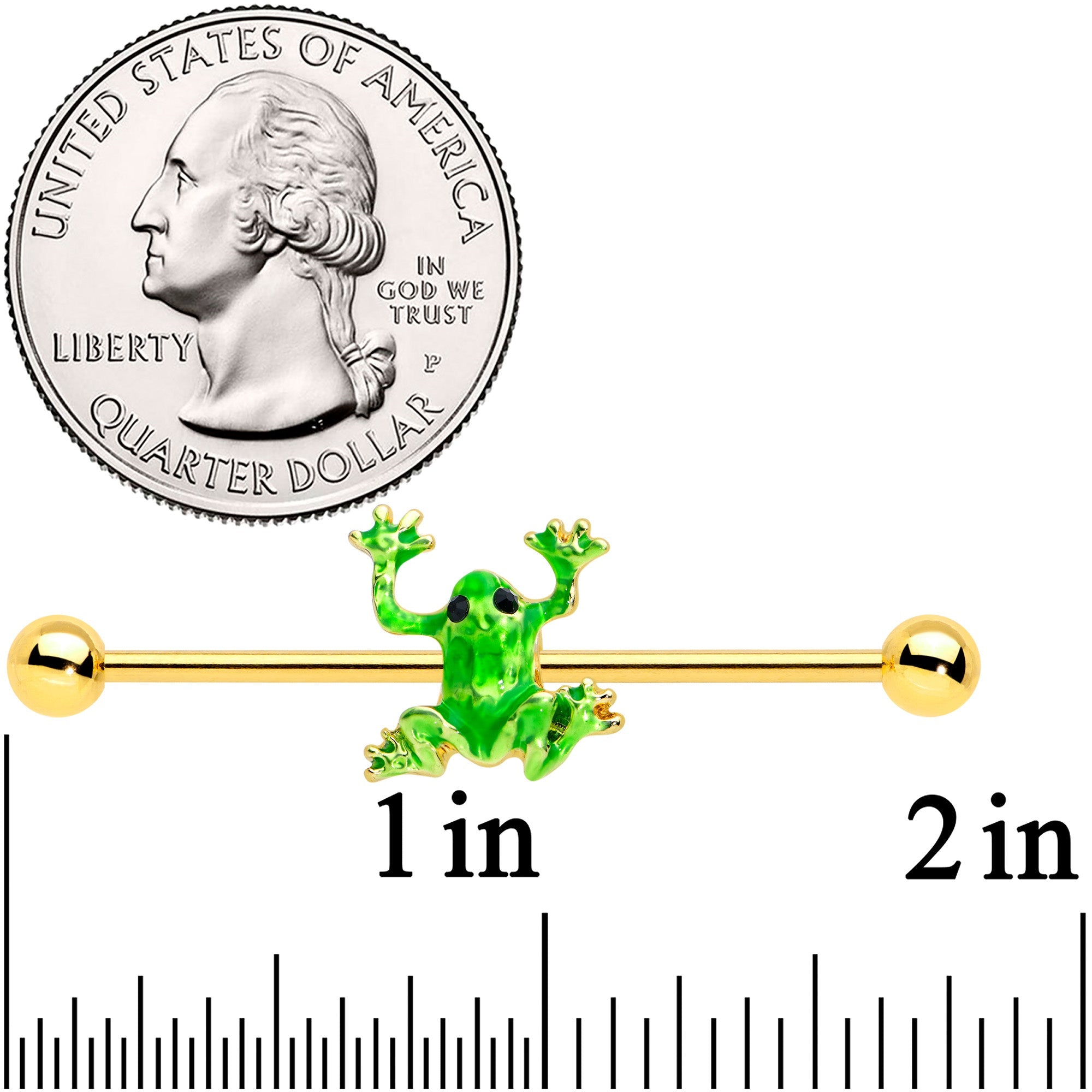 14G Gold Tone Green Tree Frog Industrial Barbell 38mm