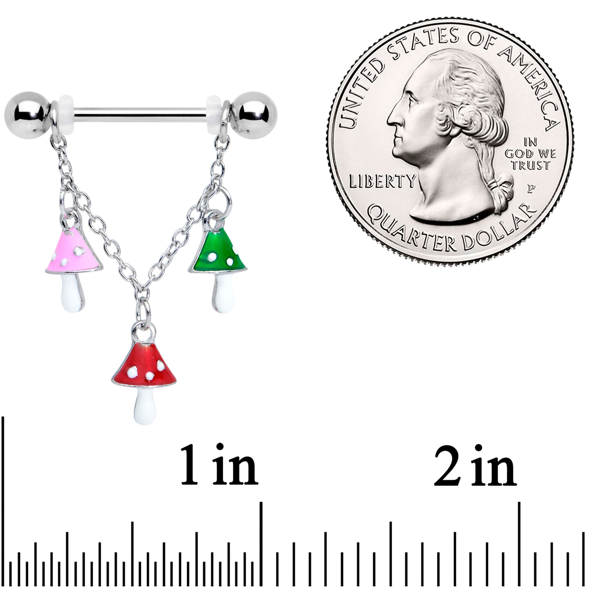 14G 9/16 Pink Green Red Mushroom Chain Dangle Nipple Ring Set