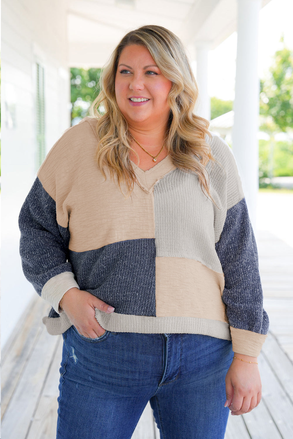 Plus Size Textured Colorblock Patchwork V Neck Top