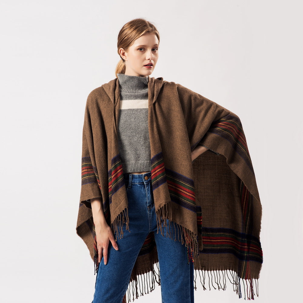 Tassel Fashion Jacquard Hooded Cape
