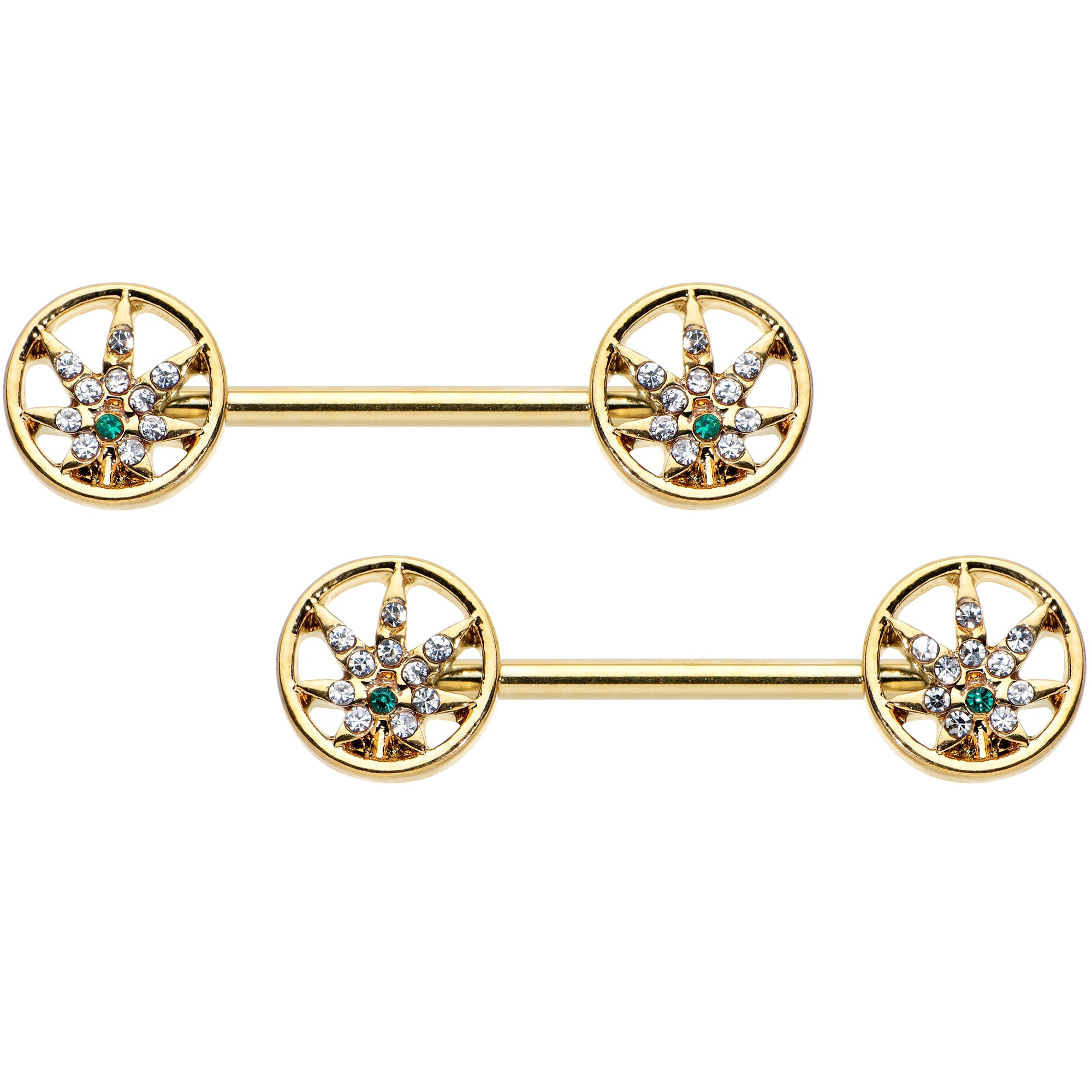 14G 9/16 Clear Green Gem Gold Hue Pot Leaf Circle Nipple Ring Set
